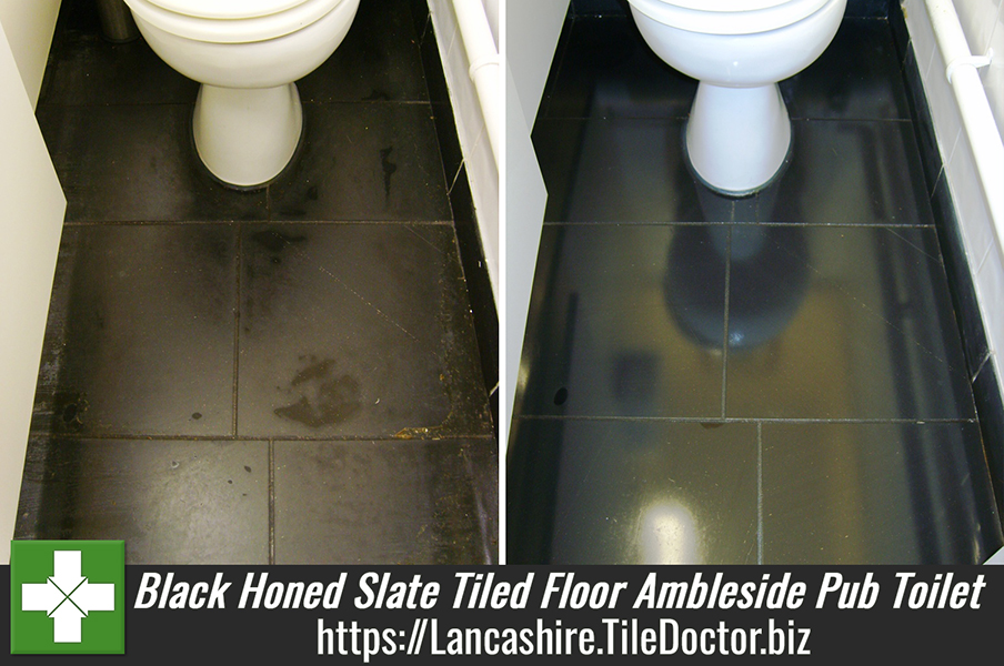 Black Honed Slate Tiled Floor in Ambleside Pub Toilet