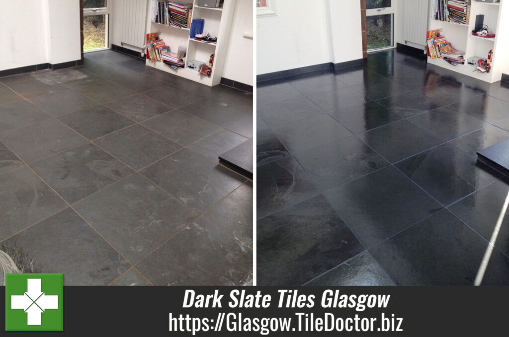 Dark Slate tiles cleaned and Grout Coloured in Glasgow