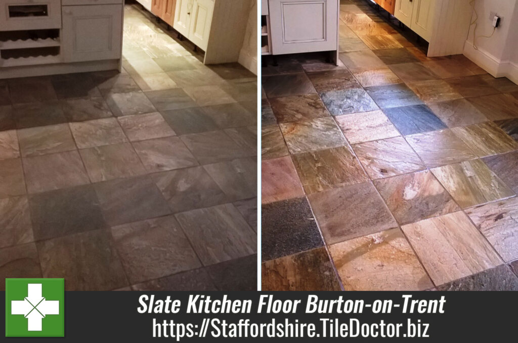 Dirty and Worn Slate Tiled Kitchen Floor Restored in Burton on Trent