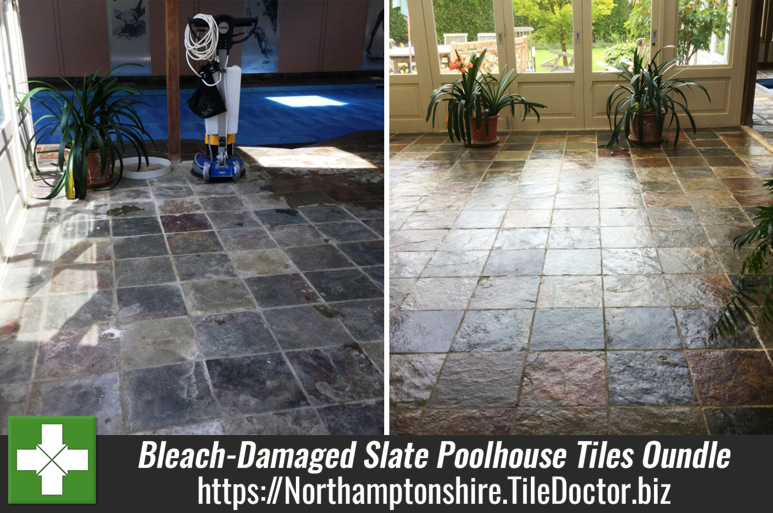 Bleach Damaged Slate Poolhouse Tiles Restored in Oundle