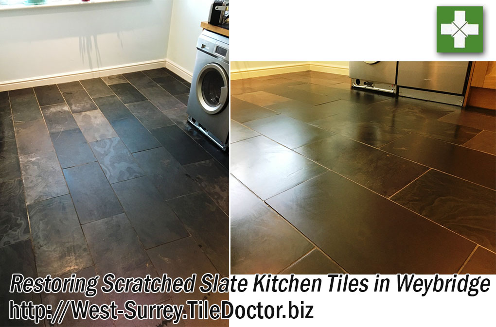 Slate Tiled Kitchen Floor Before and After Restoration in Weybridge