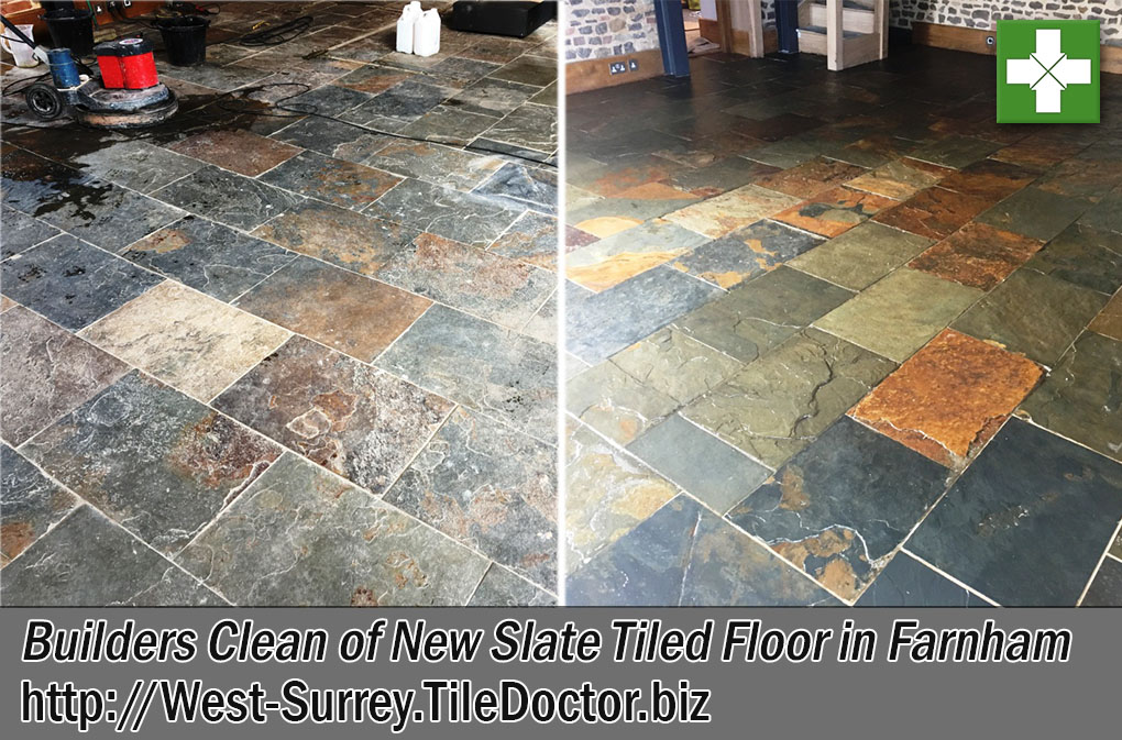 Builders Clean Large Slate Floor Before and After Restoration in Farnham