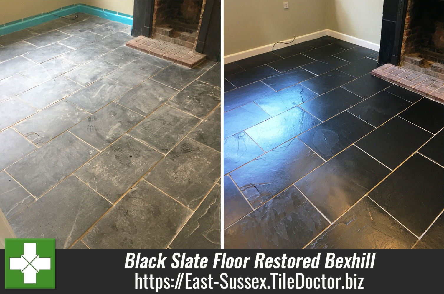 Poorly Installed and Stained Black Slate Floor Restored in Bexhill