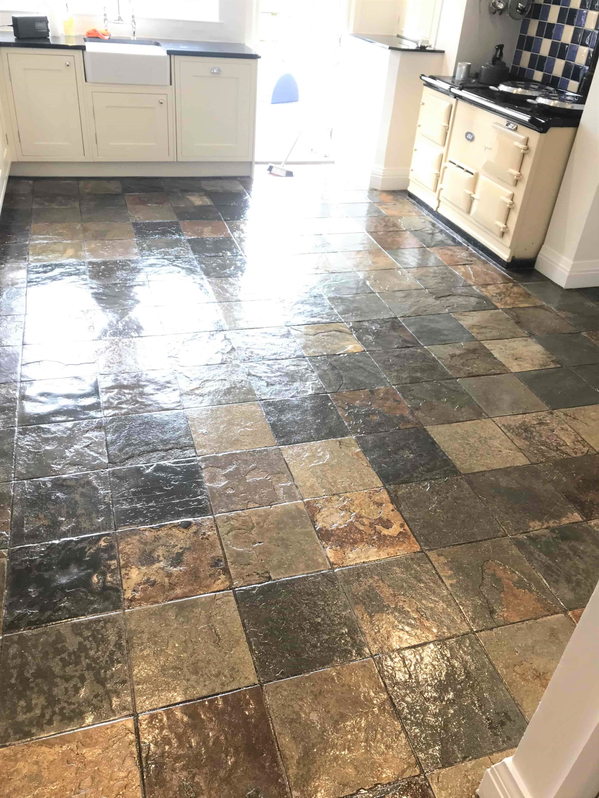 Multi Coloured Slate Tiled Kitchen Floor After Cleaning and Sealing Sutton Coldfield