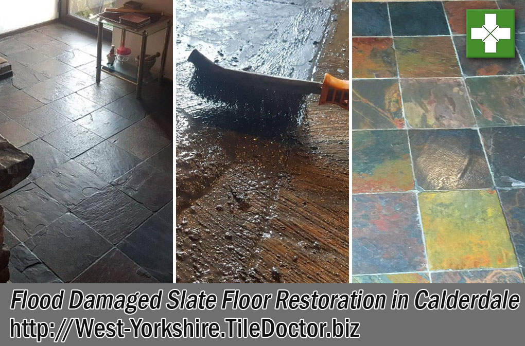Flood Damaged Slate Tiled Floor Before and After Restoration Calderdale