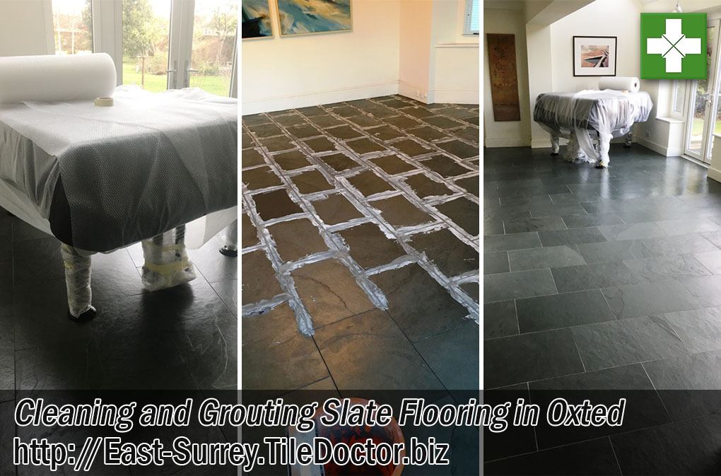 Large Slate Tiled Floor Before After Grouting Oxted